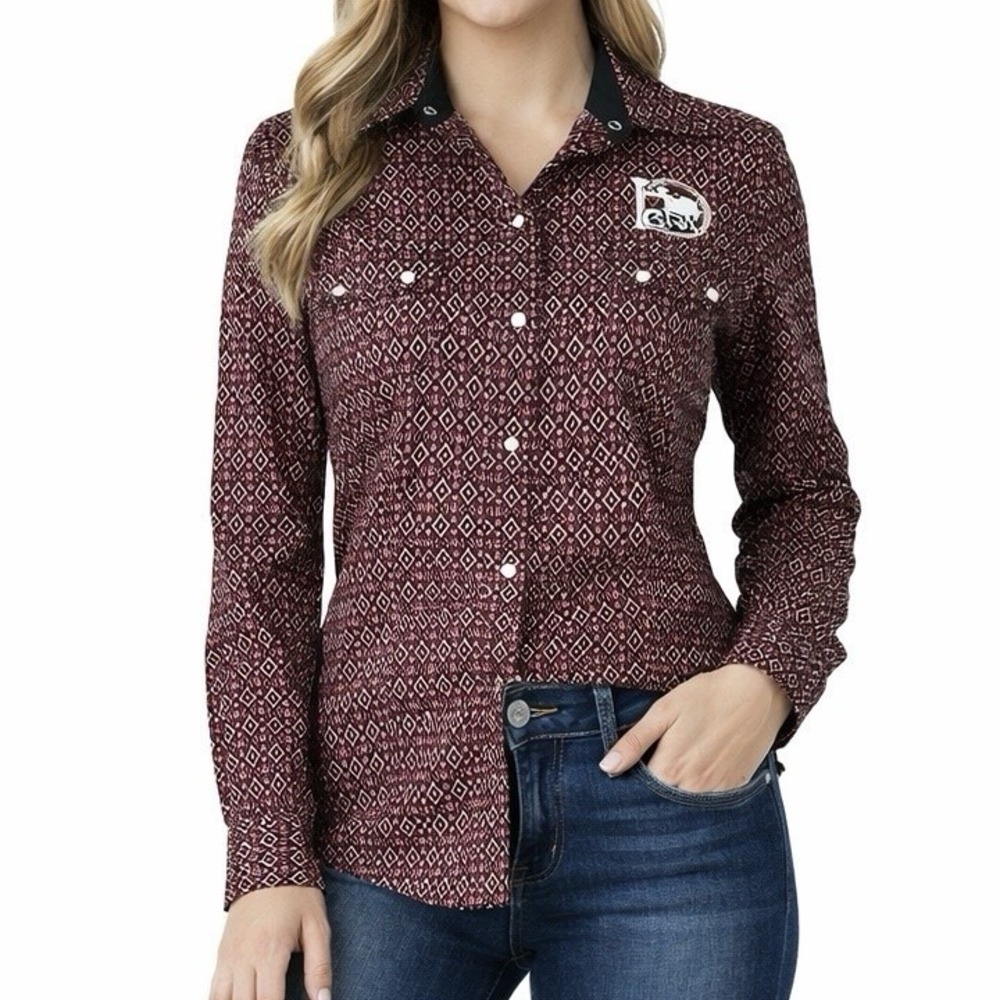 ROPER Western Shirt sz M Long Sleeve Red Black Geometric Pearl Snap IGRA Rodeo